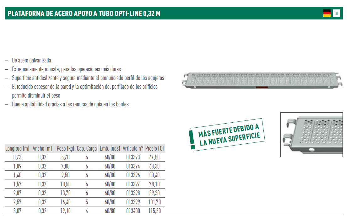 CO PLATAFORMA DE ACERO 2,57 X 0,32 M
CON APOYO DE TUBO OPTI-LINE